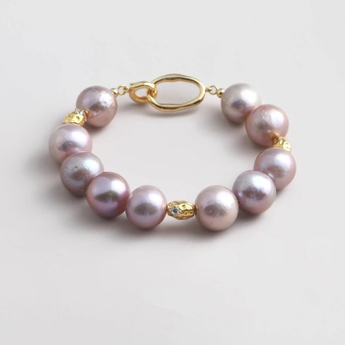 Large Purple Freshwater Baroque Pearl Bracelet - Gold Vermeil & Zirconia Accents